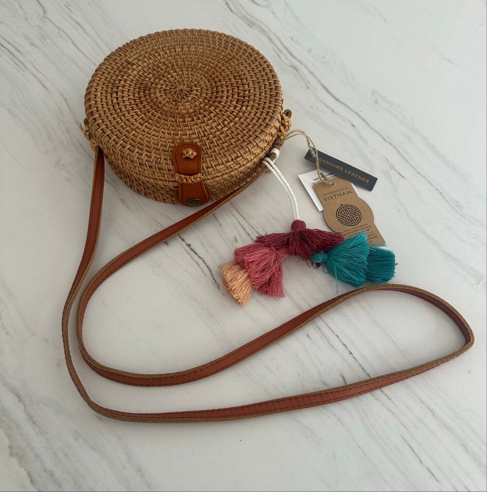 NWT Round Rattan Wicker Crossbody Bag | Lemon Print Lining | Boho Summer Beach